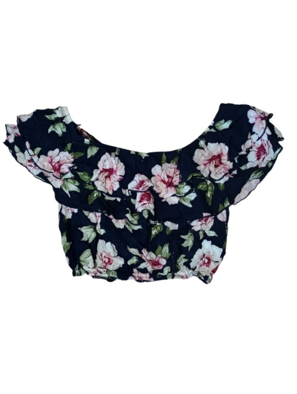 Fashion Magazine Navy Off-Shoulder Crop Top with Pink Floral Print